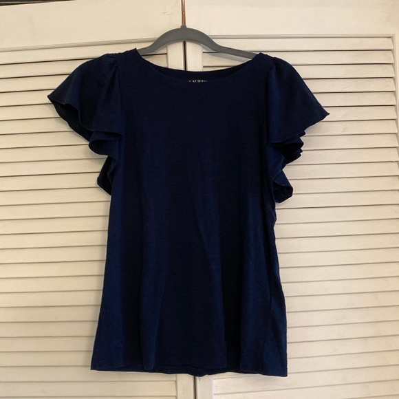 NWOT Lauren Ralph Lauren ruffle-sleeve slub jersey tee XS Color: French Navy - Picture 1 of 5